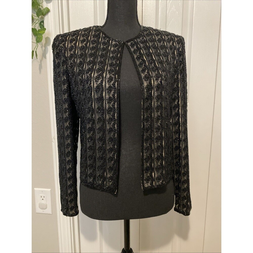 Adrianna Papell Evening Black Beaded Jacket Size S Under Color Goldbeige